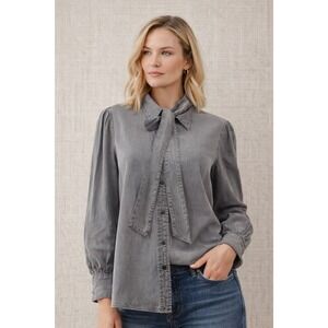 Lauren Ralph Lauren Blouse Women Large Gray Lyocell Tie Neck Button Shirt